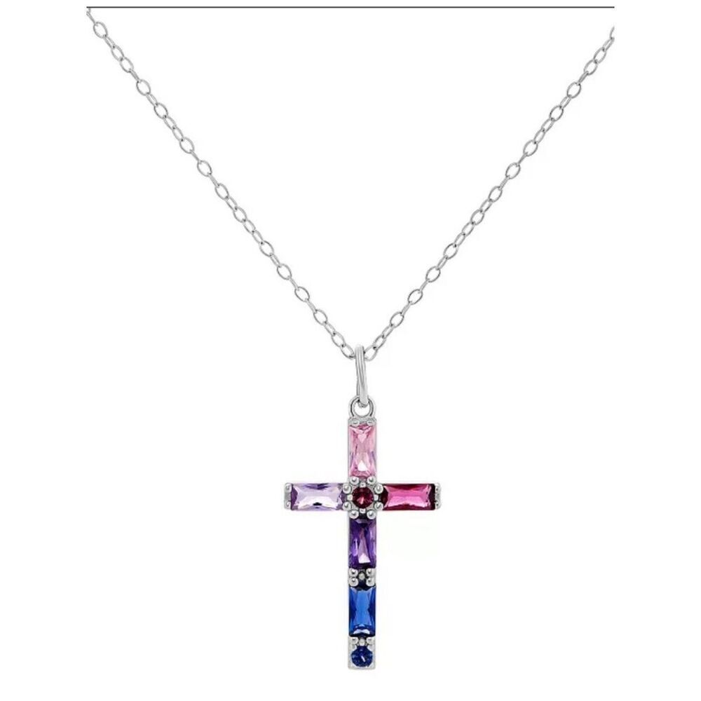 PRIMROSE Sterling Silver Multicolor Cubic Zirconia Baguette & Nano Stone Cross
